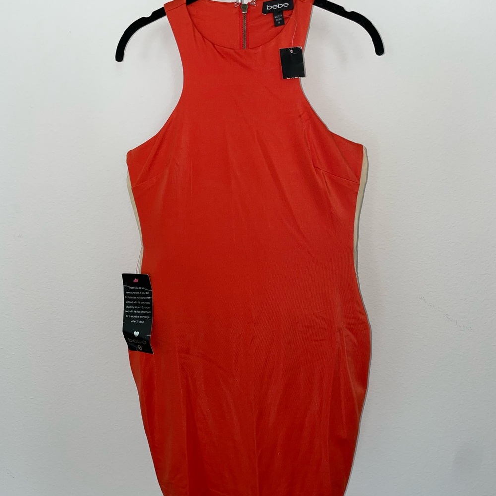 Brand New Women’s Bebe Dress Side Mesh Insert Orange size M Zip Up Back